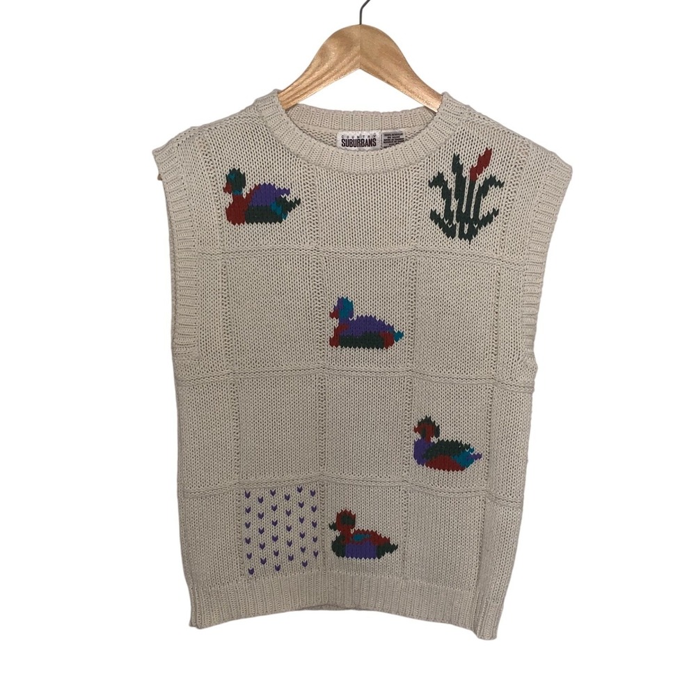 Vtg Country Suburbans Duck Motif Sweater Vest Cream Chunky Knit Womens M